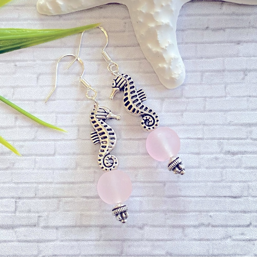 3/$25  Silver Seahorse Earrings with Pink Frosted Glass Bead